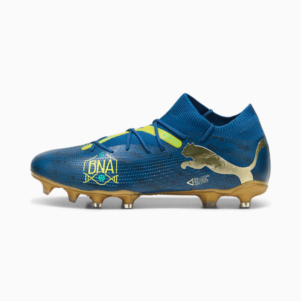 PUMA x NEYMAR JR FUTURE 7 MATCH "BNA" Firm Ground/Artifical Ground Men's Soccer Cleats, Sailing Blue-Marine Blue-Pelé Yellow-Grassy Green-Gold, extralarge